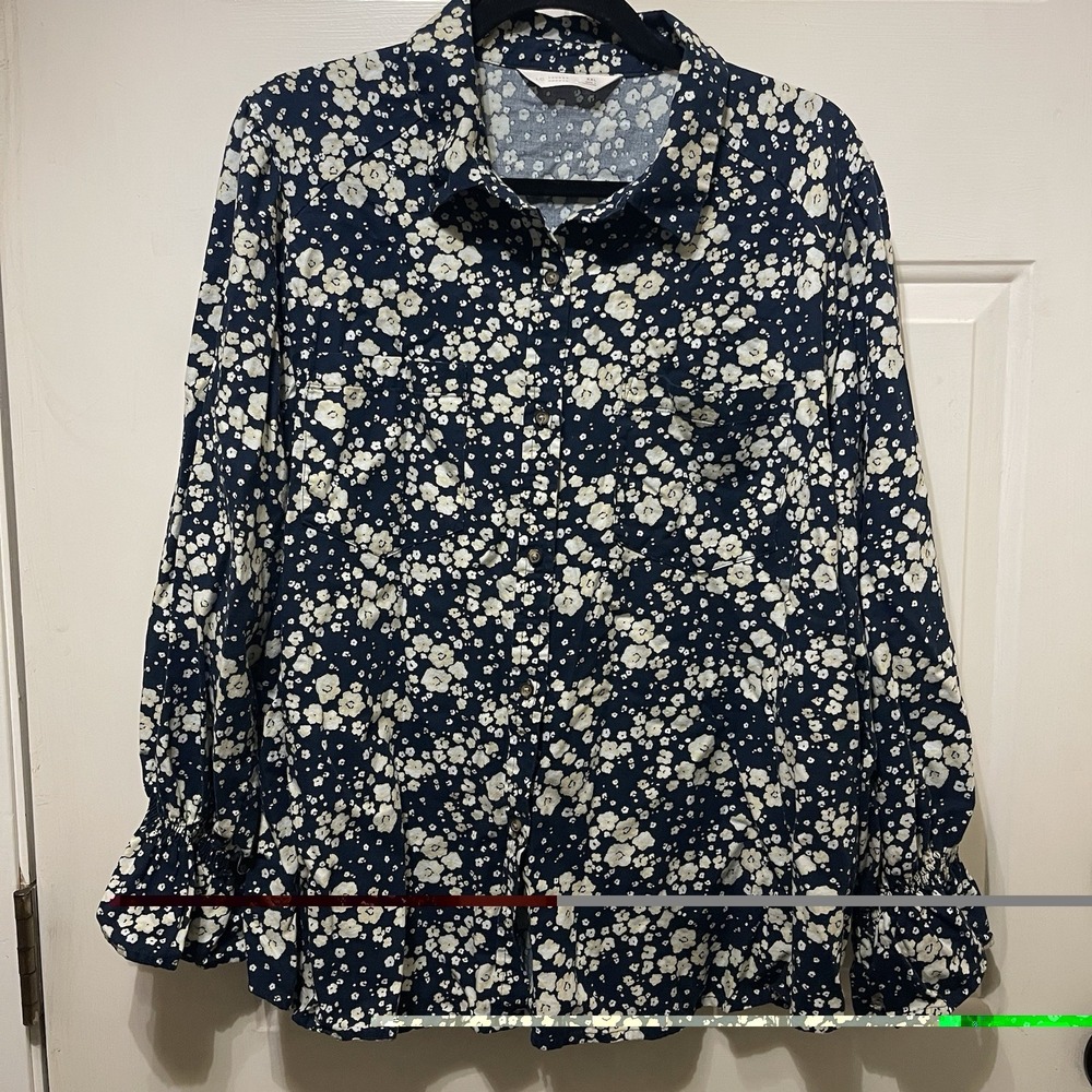 LC Lauren Conrad Top Blouse Ruffled Long Sleeve Ruffled Back Blue Yellow XXL